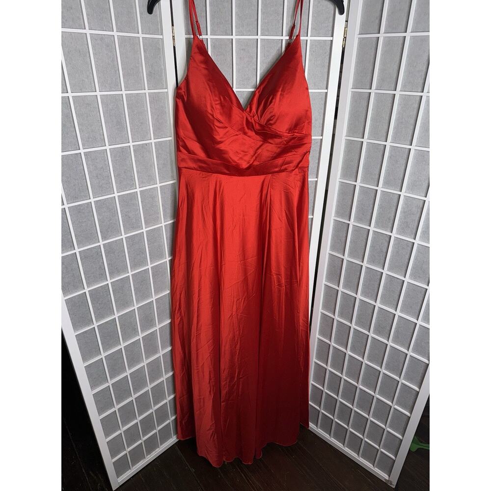 Red Women's Sleeveless Satin Faux Wrap Maxi Bridesmaid Dress Sz 14 Adjustable